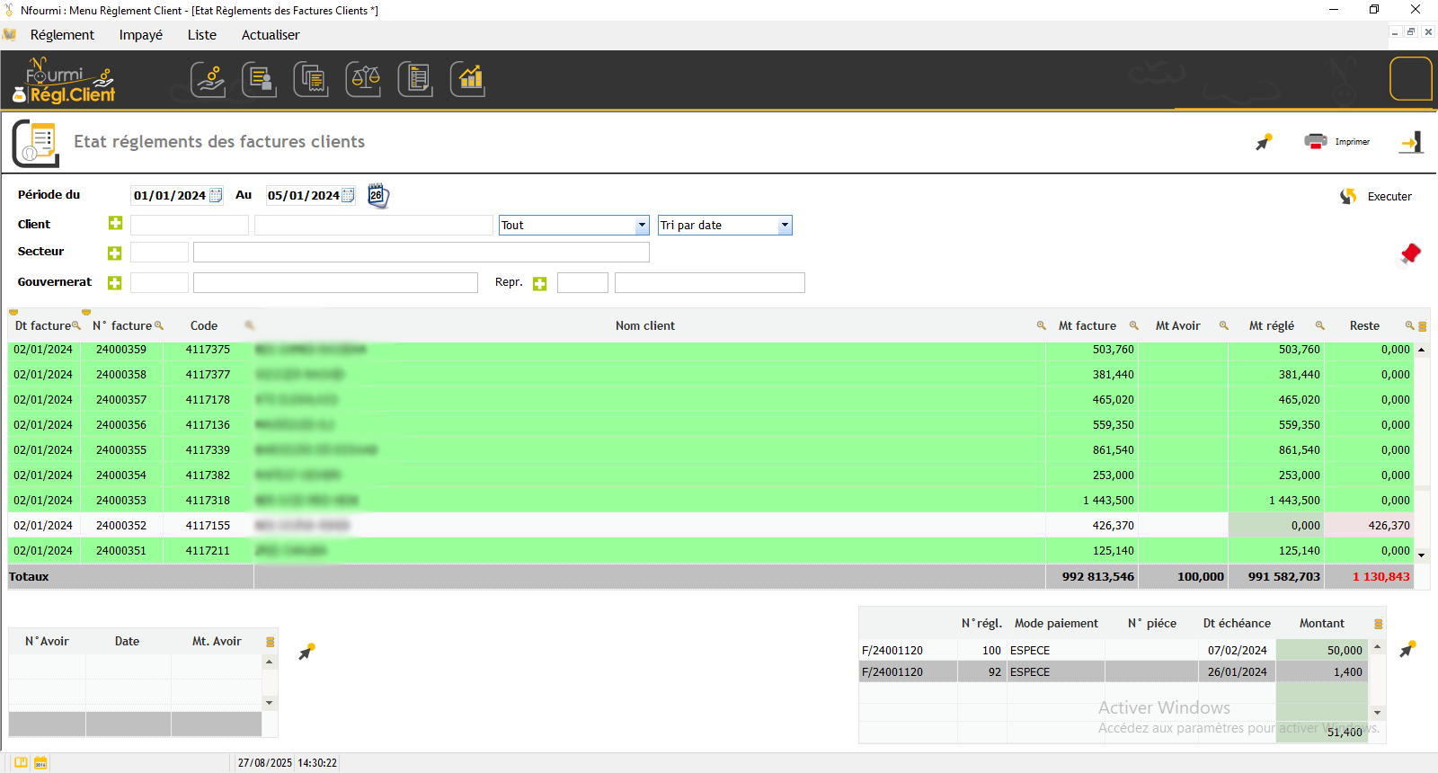 etat reglement facture client